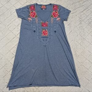 Johnny Was Dress Womens XS Blue Floral Embroidered Davis Drape Tunic Cotton